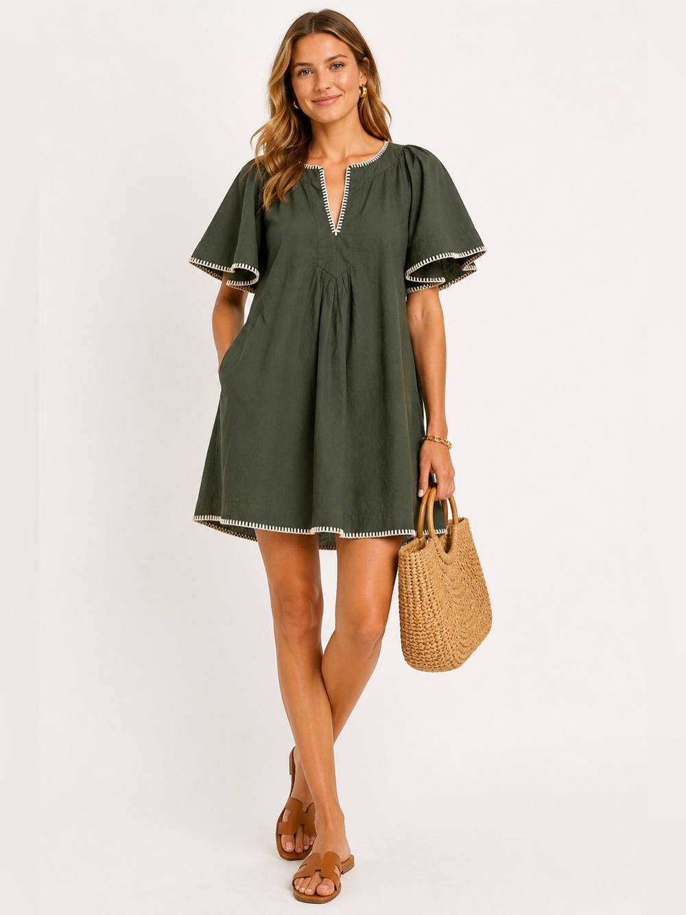 Pomander Place Olive Green Cotton Whipstitch Dress | XXL | Boho Flutter Sleeve